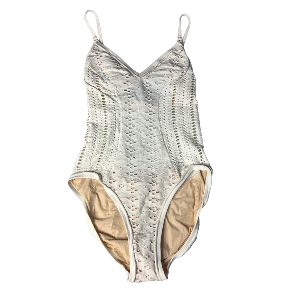 Robin Piccone Eyelet One Piece Swimsuit Size S V-Neck Cream Boho Designer NEW